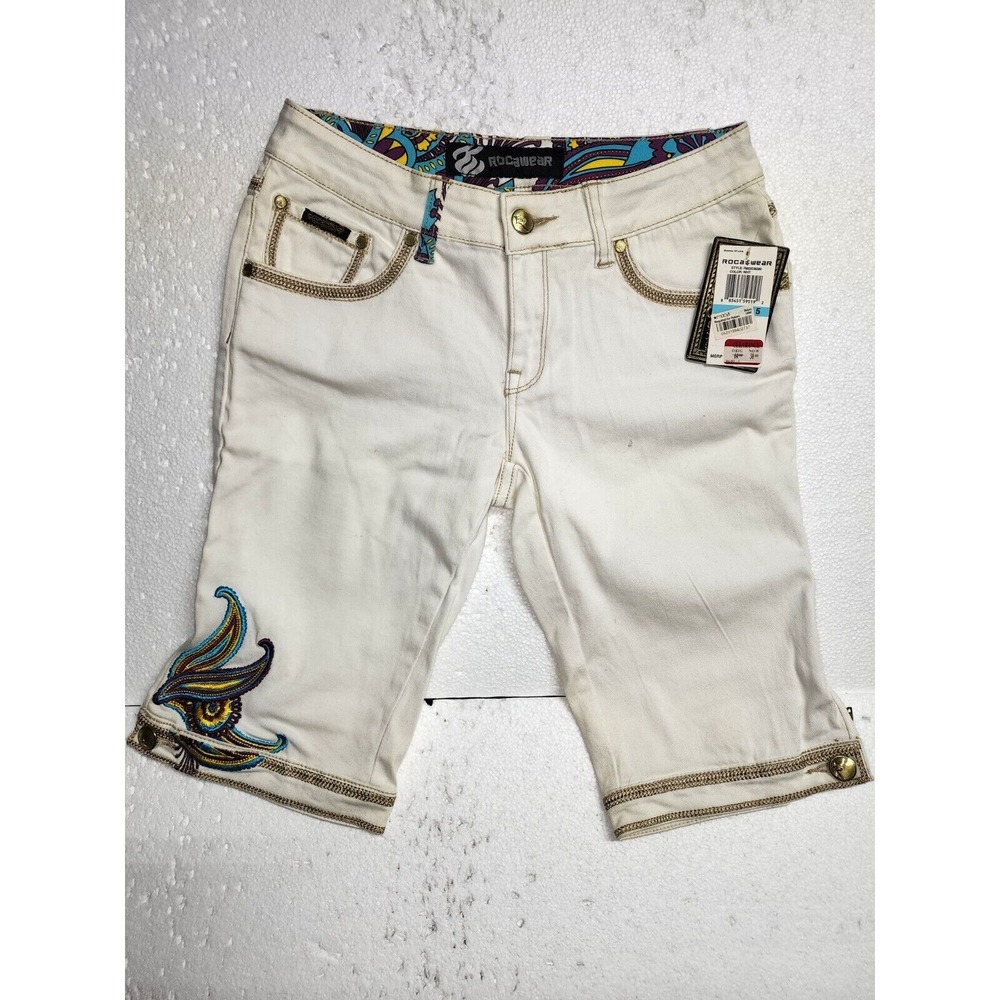 RocaWear Shorts Women Size 5 Off White  Embroidered Back Pockets Authentic
